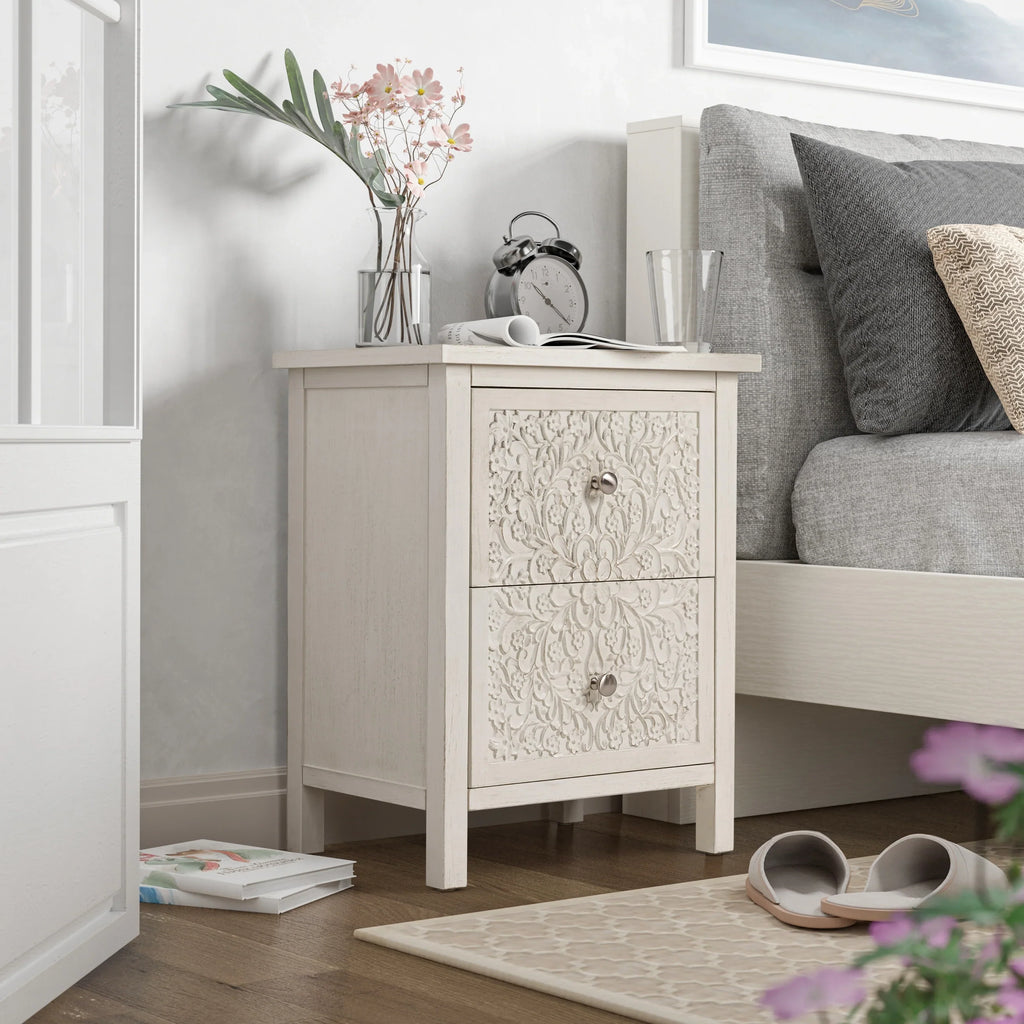 Retro natbord med blomsterrelief og to skuffer